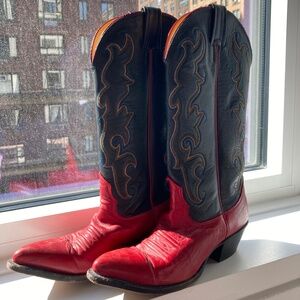 Size 6, Vintage Nacona RED Cowboy Boots with rainbow stitching